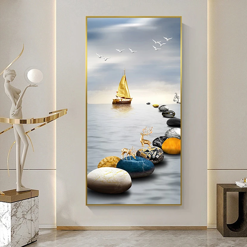 〖石来运转〗玄关挂画现代简约轻奢晶瓷镶钻装饰画超薄立体金框X17