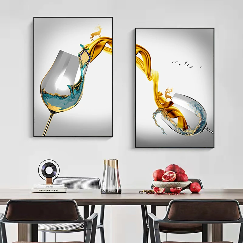 〖杯中福鹿〗餐厅双联现代简约晶瓷镶钻装饰画超薄画框竖款设计C01