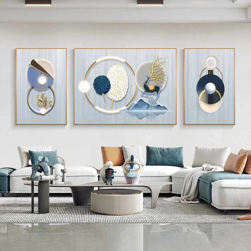 〖一路守护〗轻奢装饰画客厅挂画沙发背景墙三联画金色样板铝合金