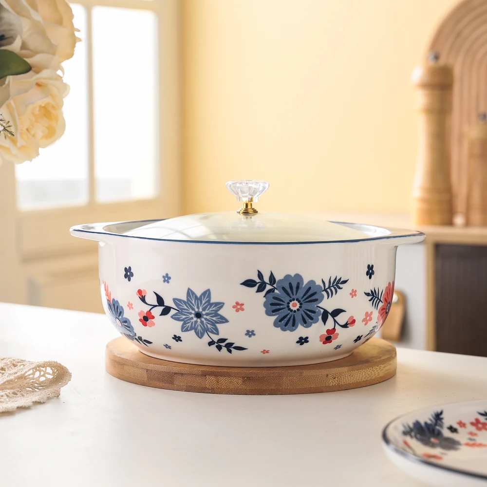 月暮系列小清新高颜值家用陶瓷餐具9英寸玻璃盖双耳汤碗面碗