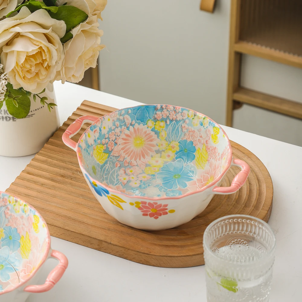 花海系列清新可爱高颜值家用陶瓷餐具9英寸竹柄双耳花边汤碗面碗