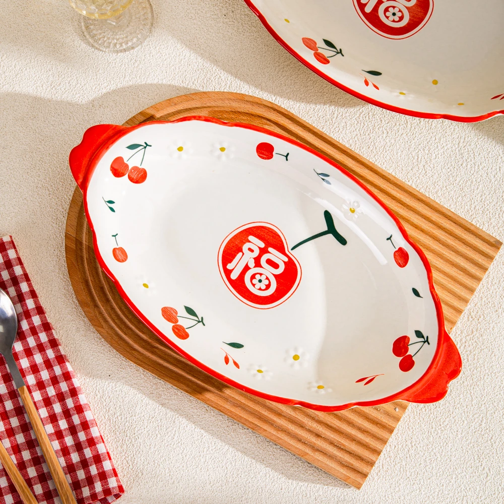 家用陶瓷餐具美二烧釉下彩福字鱼盘1个装