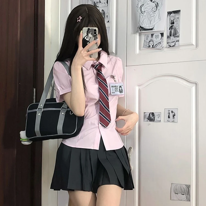 甜嗑jk制服套装纯色泡泡袖衬衫夏季百搭收腰长短袖粉色上衣学院风