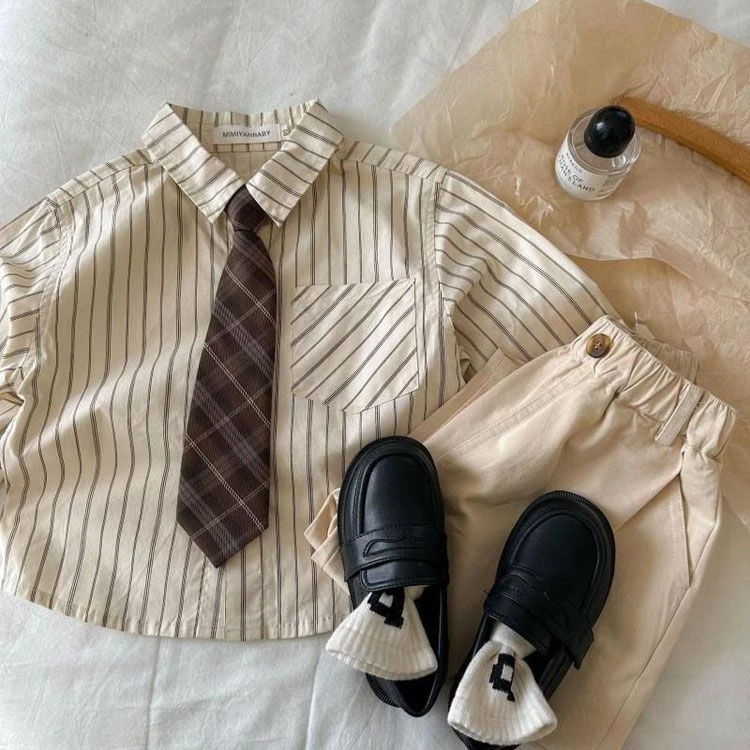 儿童长袖衬衫学院风2024春季男女童韩版时尚条纹洋气休闲领带衬衣