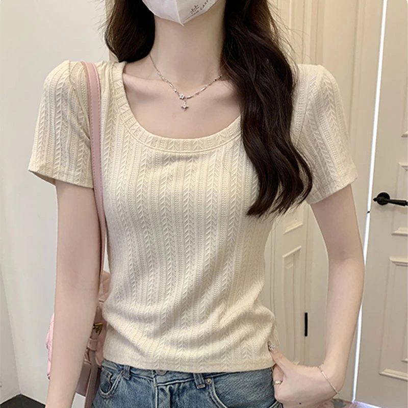 诗茵黛U领正肩短袖T恤夏季新款百搭修身设计感小众洋气显瘦上衣女