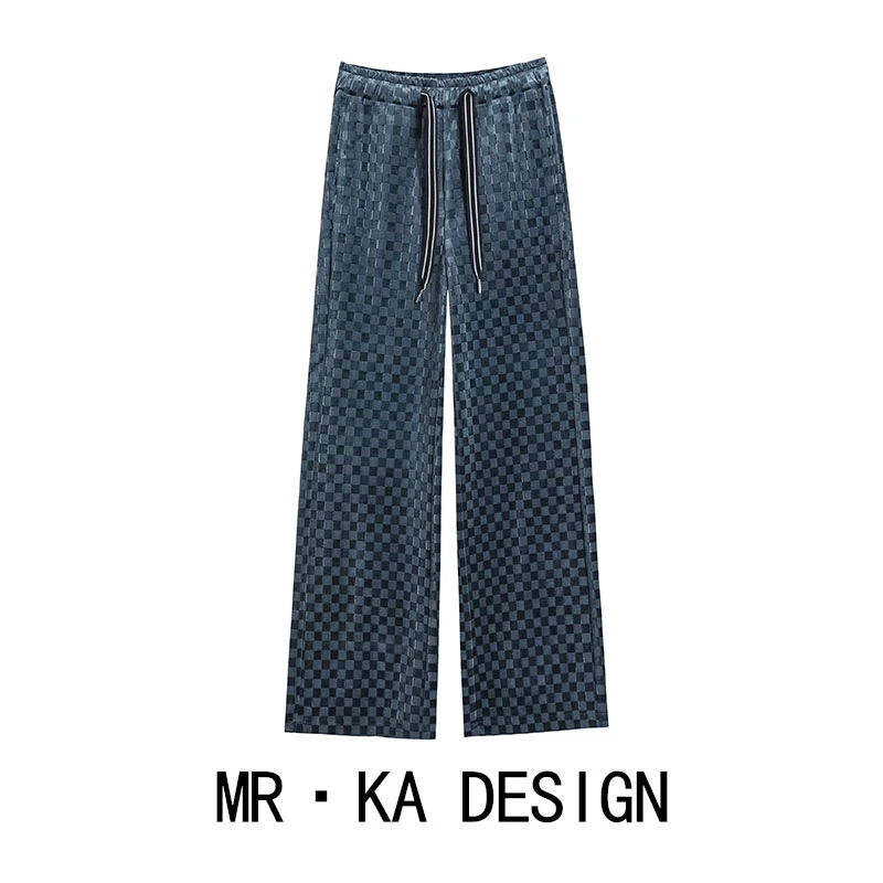 A字版阔腿裤女棋盘格浮雕纹加绒加厚秋冬丝绒裤高级感显瘦直筒裤
