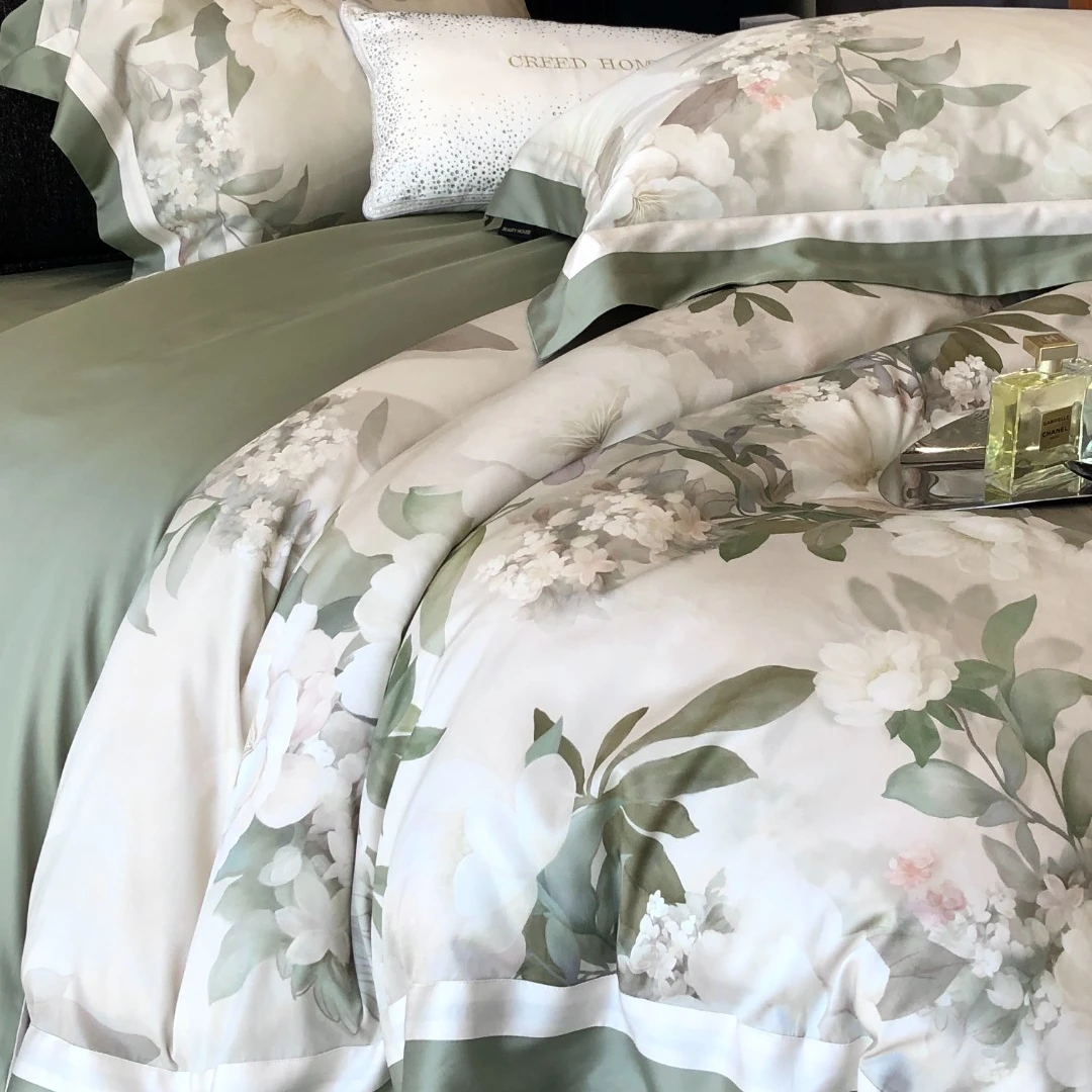 House Beautiful【雾野山茶】轻奢简约天丝棉丝滑裸睡四件套印花