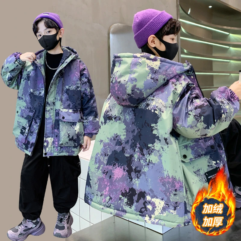 男童风衣中大童休闲洋气保暖连帽派克服冬季加绒加厚时尚儿童男孩