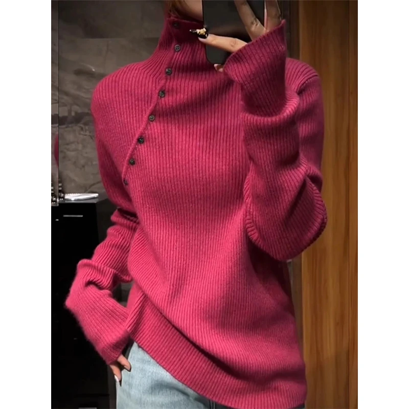 玫红色高领毛衣针织衫女秋冬2024新款高级感独特漂亮打底内搭上衣