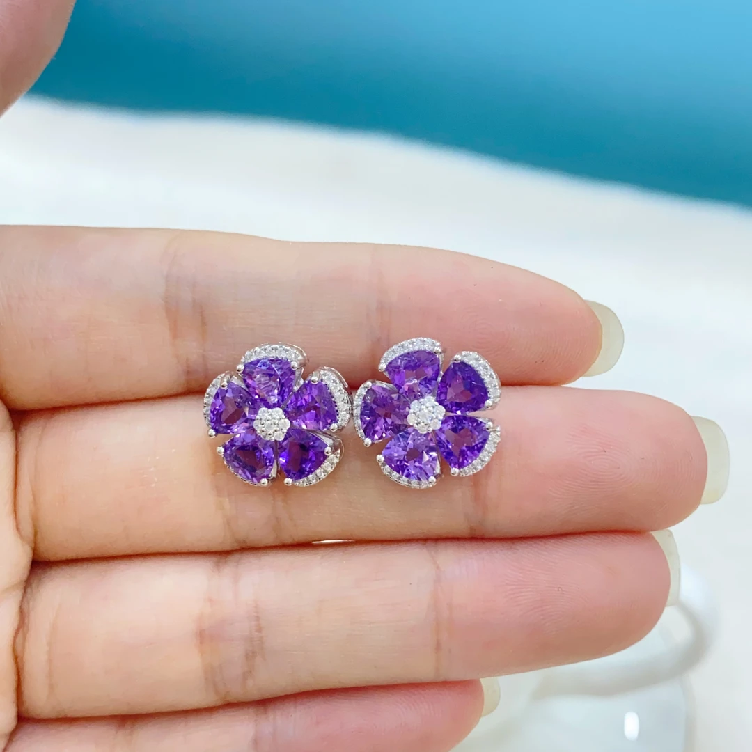 S925银紫晶耳钉时尚精美气质花朵