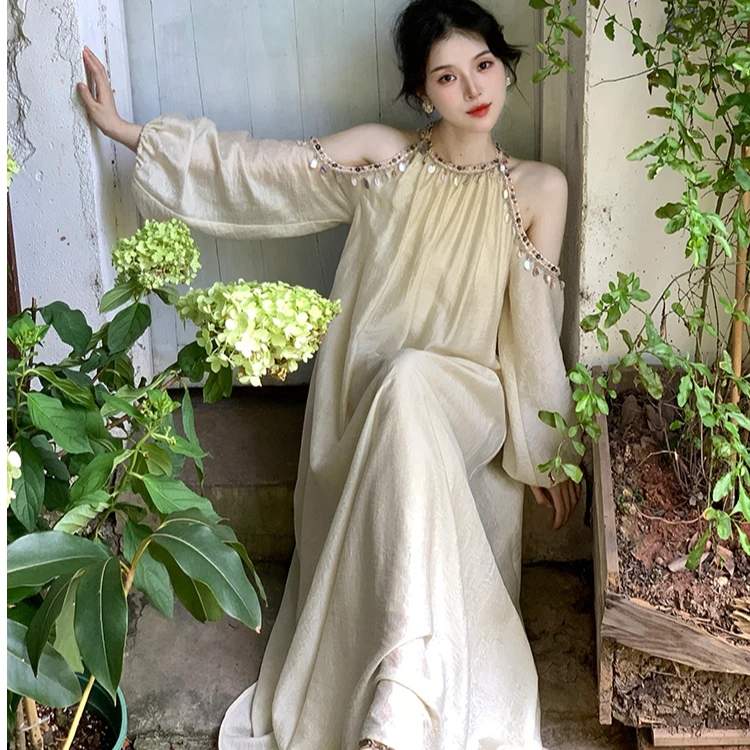 现货《我的阿勒泰》贝壳花边浅杏色连衣裙波西米亚度假风茶歇长裙