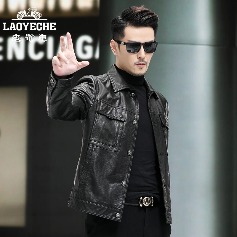 LAOYECHE/老爷车牛皮翻领系扣单装皮衣男外套休闲夹克时尚短款