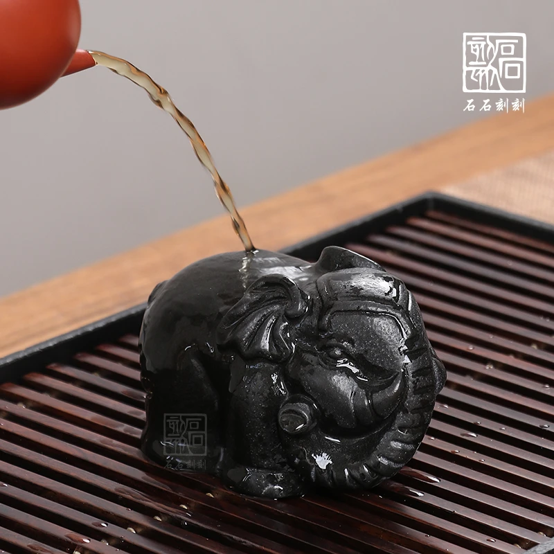 石石刻刻天然乌金石茶宠手工雕刻大象摆件可养茶盘摆件茶道零配件