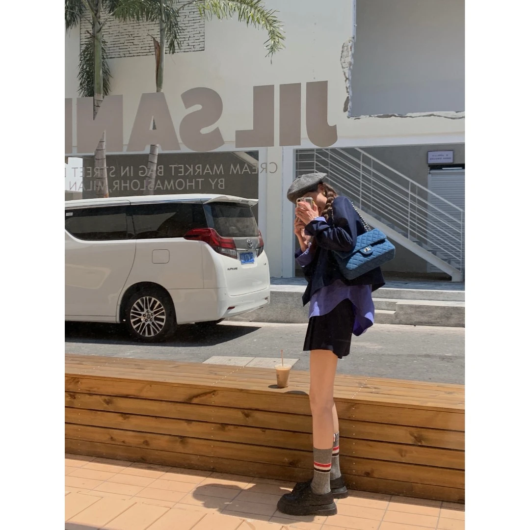 SourceWithU 继承者 miu系女孩修身深蓝色短款西装外套女上衣