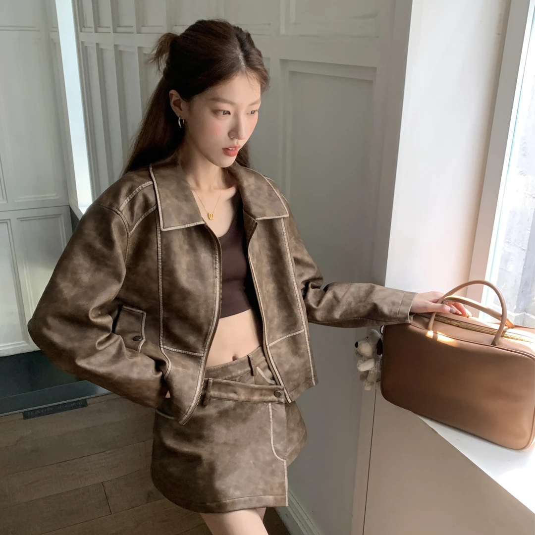 SourceWithU 9.15 梨泰院街头 复古秋冬做旧擦色皮衣半裙