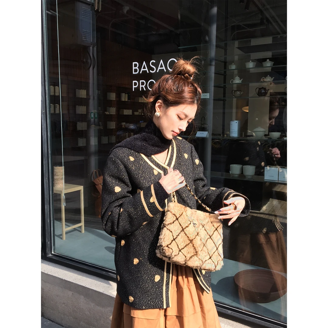 SourceWithUsa 黑金胶片 刺绣夹小香风外套致感撞色宽松外套