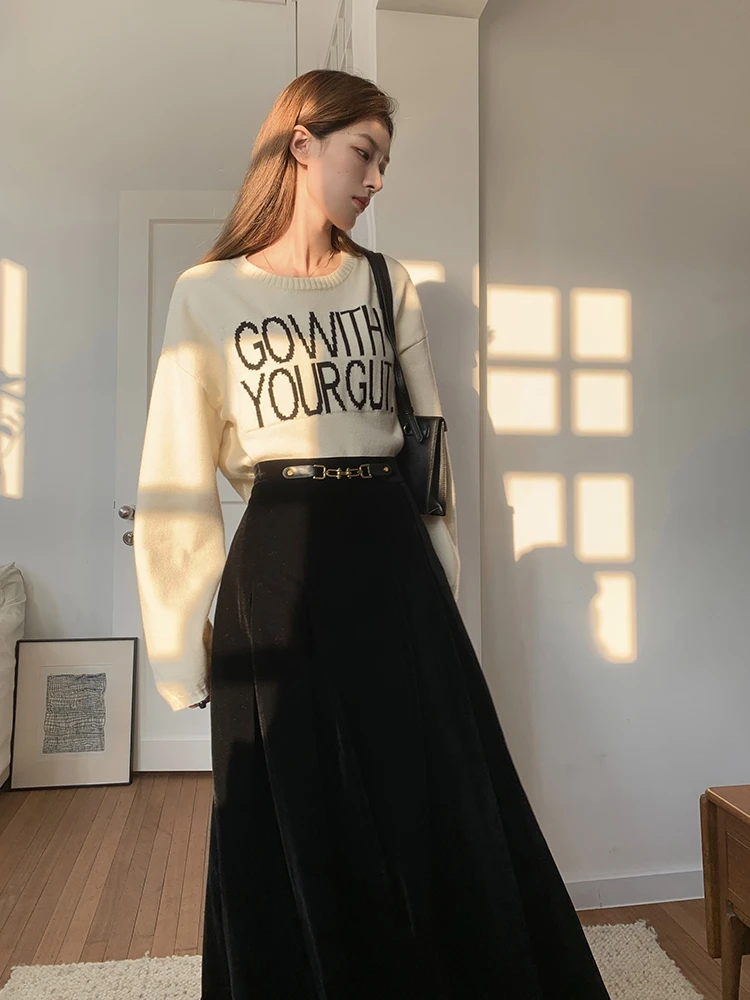 SourceWithU 显瘦密码 不易皱抗静高腰百褶裙黑丝绒长款半身裙