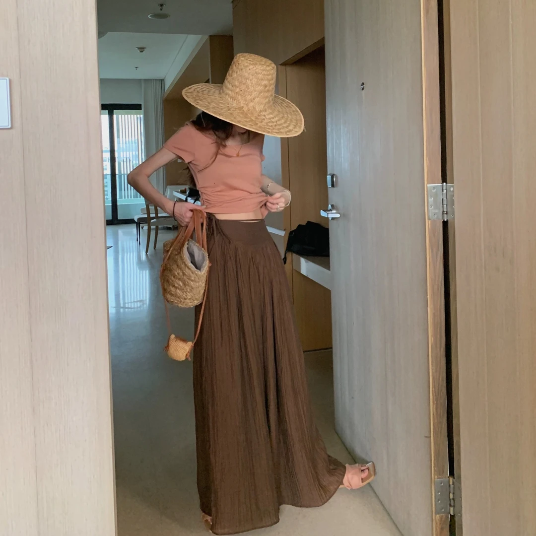 SourceWithU 蒸汽压褶棕色阔腿裙裤高腰宽松设计感百搭休闲裤女夏