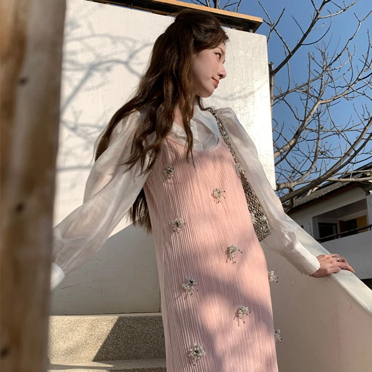 SourceWithU 费城旧梦 精致感粉色重工钉珠吊带裙春季少女外套