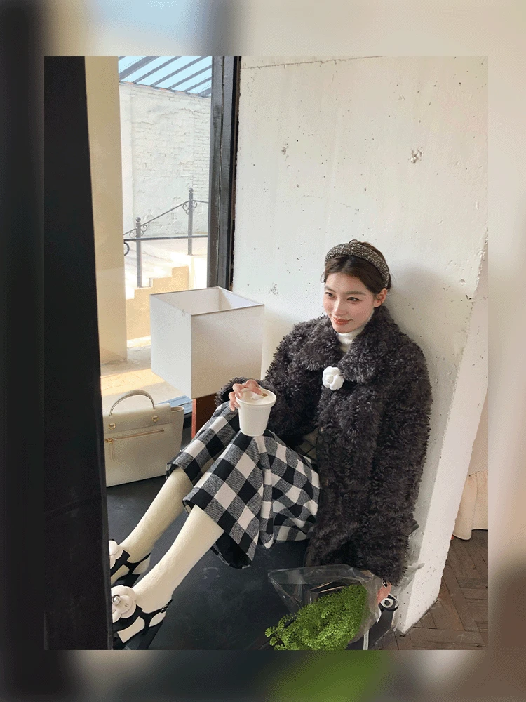 SourceWithU 11.10泰迪小卷 暖冬气质环保皮羊羔外套格纹毛呢裤