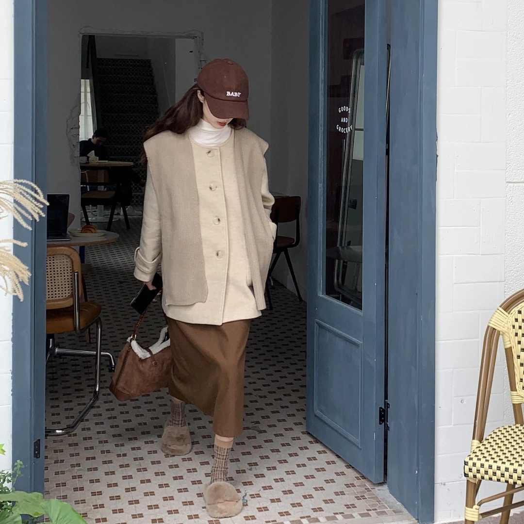 SourceWithU 变身美院学姐 90羊毛可拆卸披肩燕麦单面尼大衣