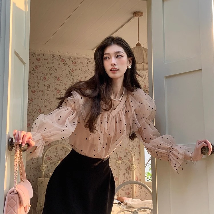 SourceWithU  Rosé. 原创干枯玫瑰色波点雪纺上衣衬衫半裙套装