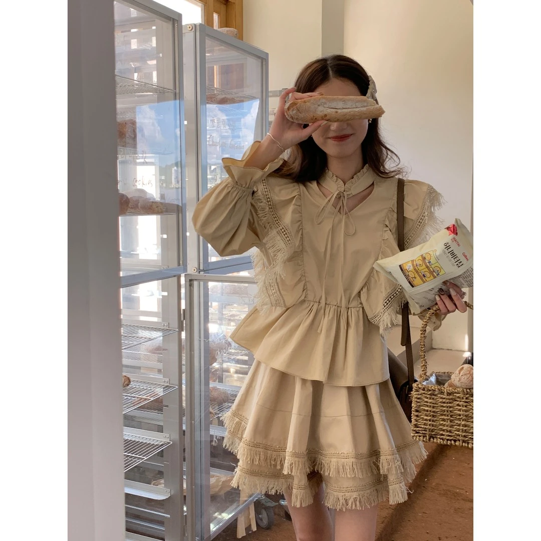 SourceWithYou 复古流苏 燕麦卡其小飞袖衬衫女上衣半身裙套装