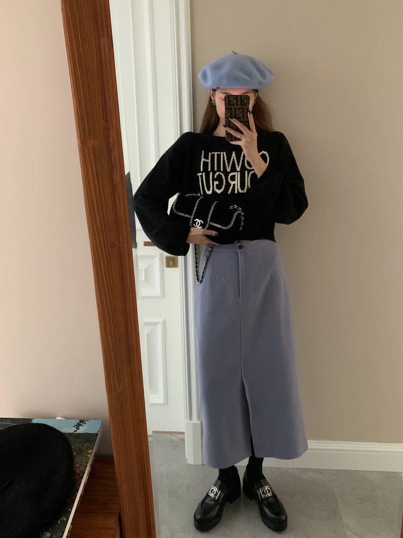 SourceWithUsa月夜紫罗兰 70羊毛呢半身裙开叉显瘦长款直筒裙