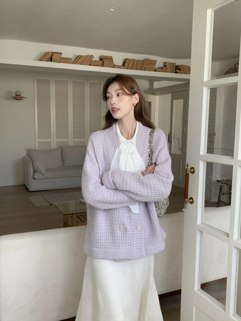 SourceWithU 月桂华夫 黑/浅紫璀璨羊毛双排扣开衫宽松毛衣外套女