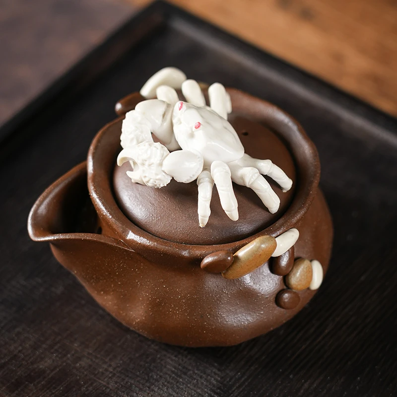 千玺大师纯手工柴烧螃蟹八方来财荷叶宝瓶手抓茶壶礼盒装