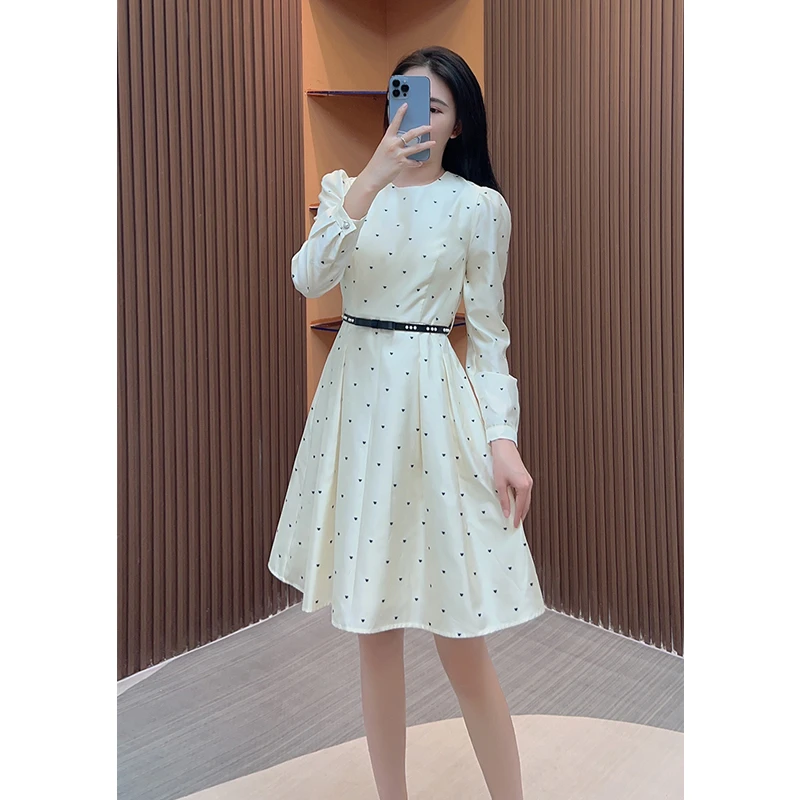 【古蔓诗】1406波点通勤气质收腰长袖连衣裙时尚