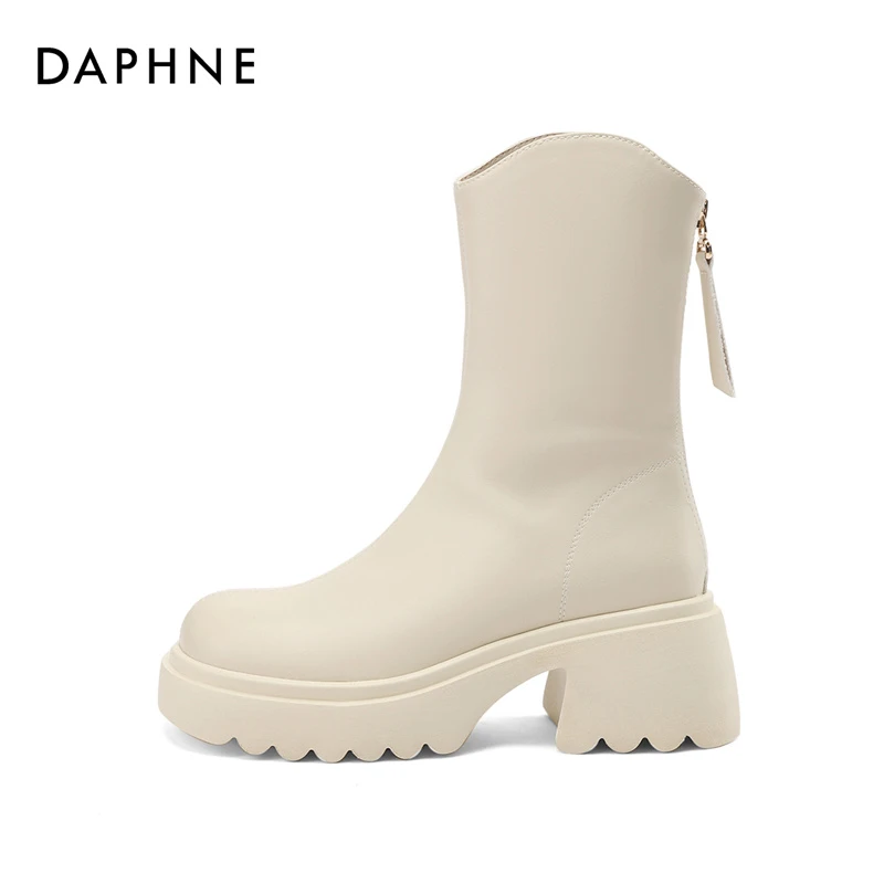 达芙妮女鞋百搭粗跟瘦瘦靴白色厚底英伦风春秋时尚风秋冬韩版高跟