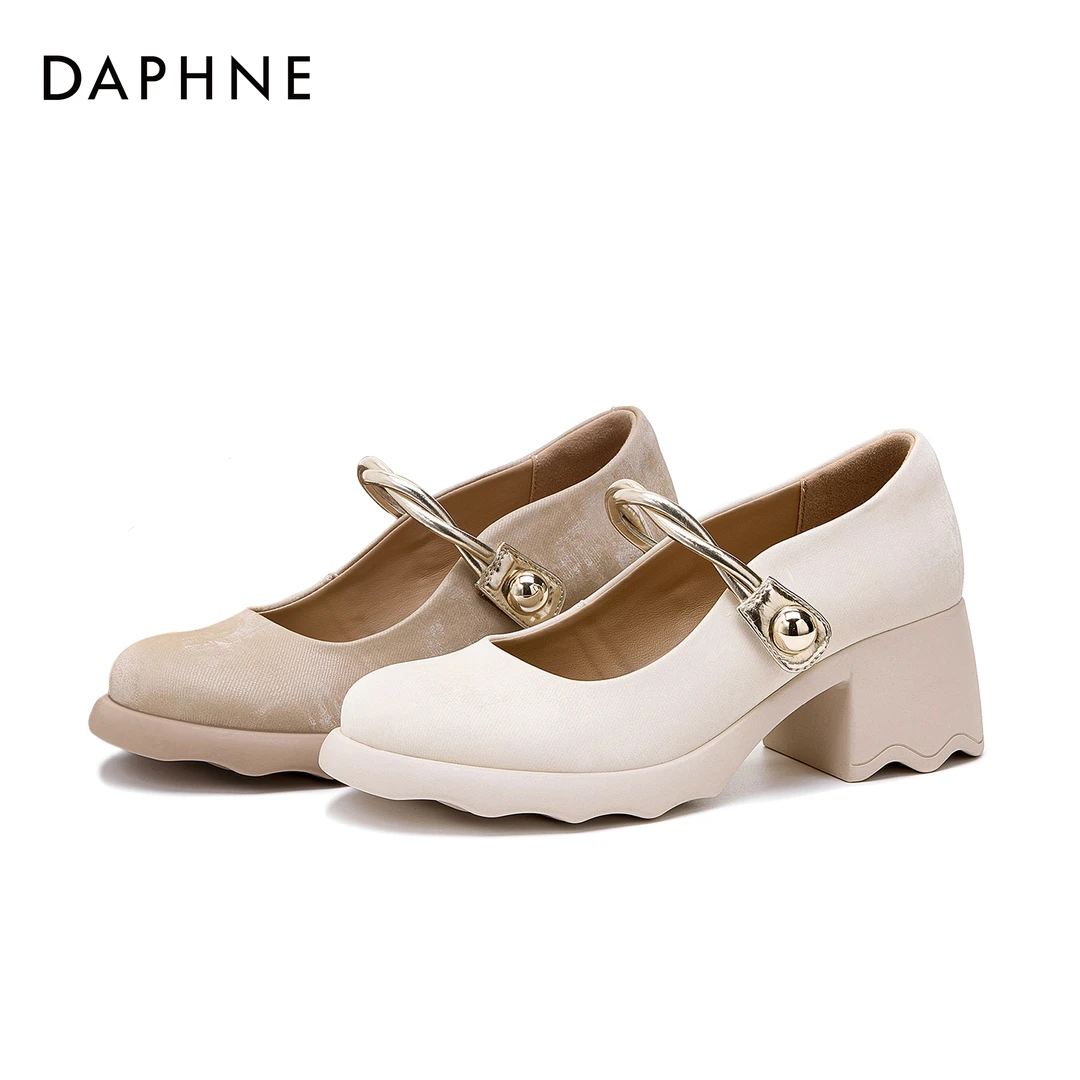 达芙妮百搭时尚复古法式粗跟浅口跟鞋时尚秋季厚底圆头玛丽珍单鞋