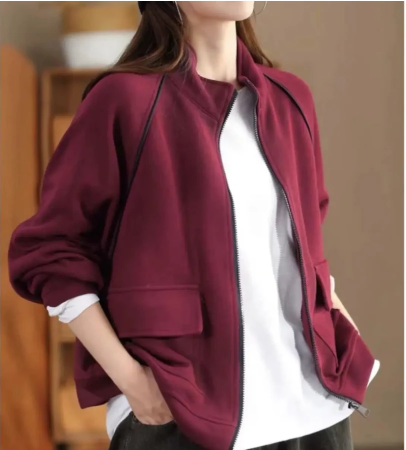 2025春季休闲时尚宽松百搭印花拼接条纹撞色口袋立领长袖外套女