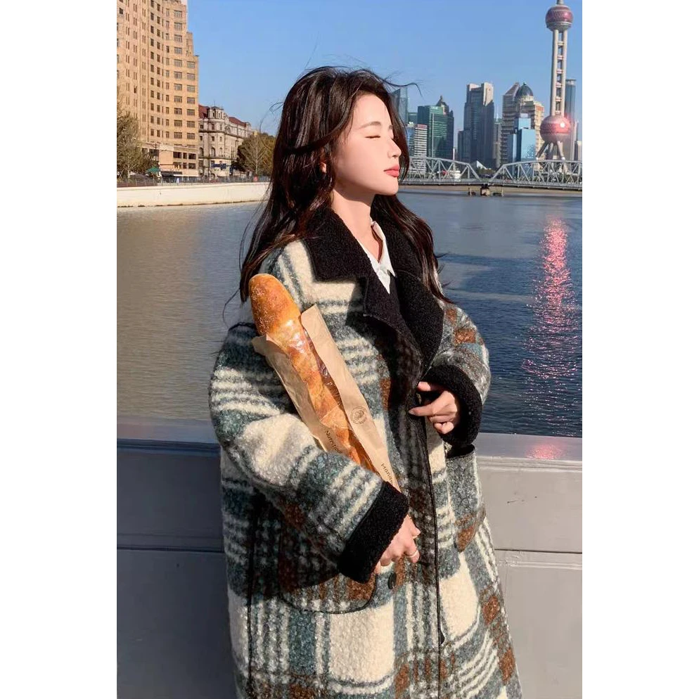 设计感两面穿复古格子毛呢外套女2024冬季新款气质中长款呢子大衣