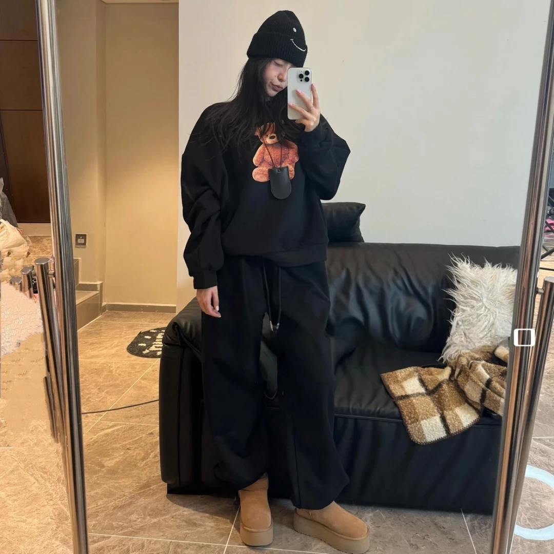 韩系颗粒绒加厚圆领印花小熊套头卫衣套装女2025冬宽松时尚两件套