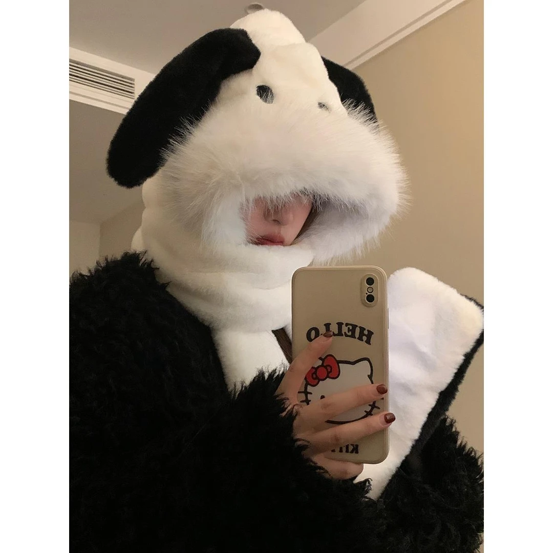 可爱卡通小狗毛绒帽子围巾一体女冬加厚保暖三件套骑车滑雪雷锋帽