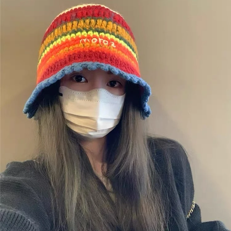 日系手工毛线帽子女彩色保暖盆帽百搭显脸小秋冬护耳针织渔夫帽潮