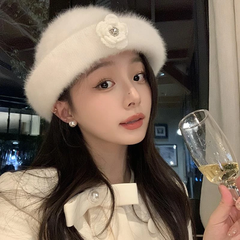 原创富家千金花朵仿兔毛千金礼帽女冬季保暖优雅小香风卷边渔夫帽