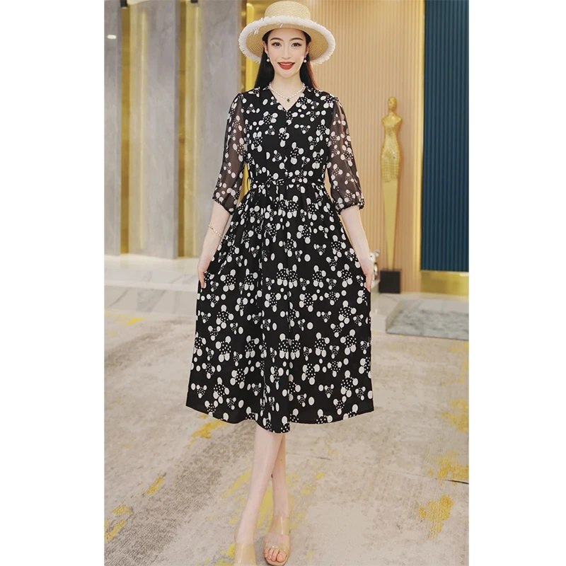 【臻品清货 卖完下架】印花优雅长裙收腰遮肚子藏肉显瘦连衣裙2484