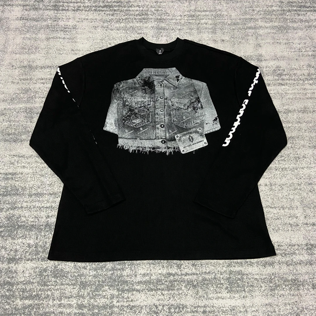 93ROBOT 美式复古华夫格设计感流苏牛仔印花男女情侣宽松长袖T恤