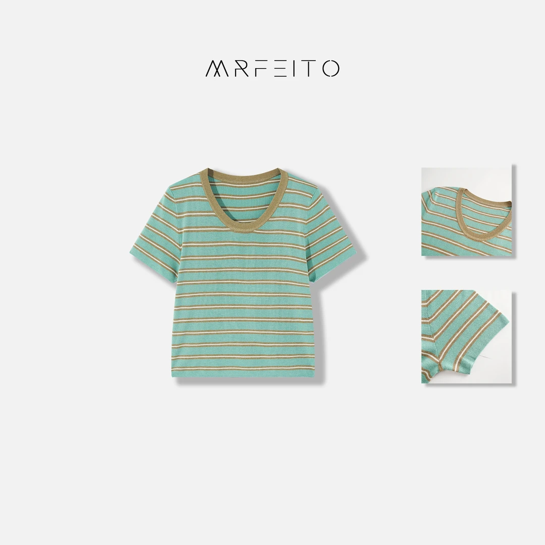 MRFEITO“海盐慕斯条纹”U领多巴胺撞色女士针织衫H661M01C24571