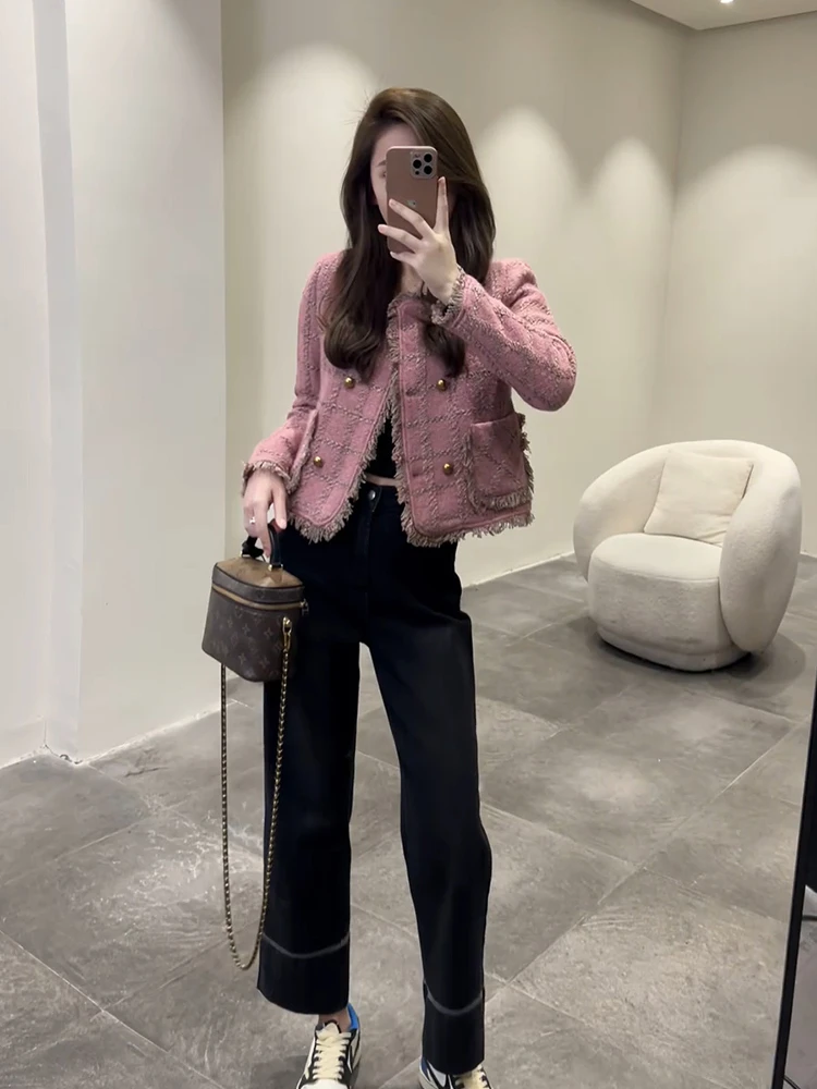 高端小个子粉色短款外套女秋季独特超好看小香风短款外套潮气质