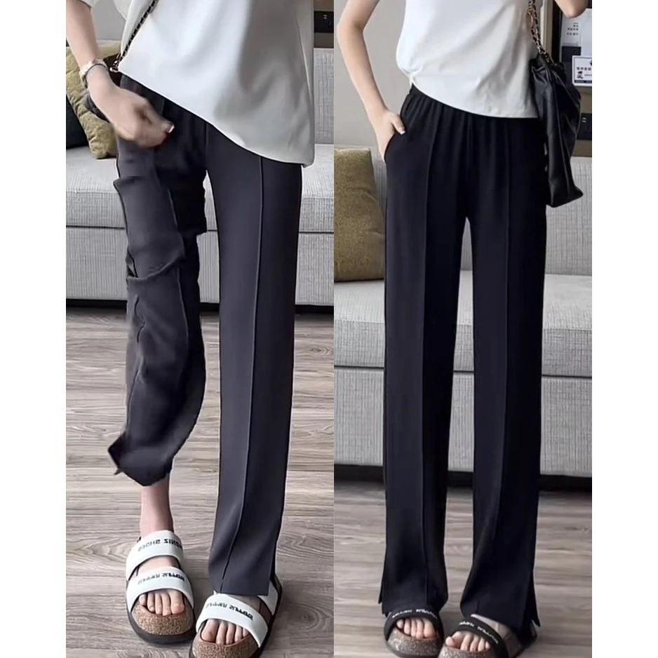 显瘦显高显腿长窄版开叉阔腿直筒裤夏薄款高腰百搭垂感西装拖地裤