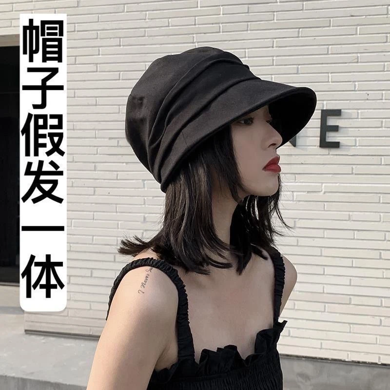 帽子假发一体锁骨发八角贝雷帽秋冬女保暖百搭韩版潮假发全头套