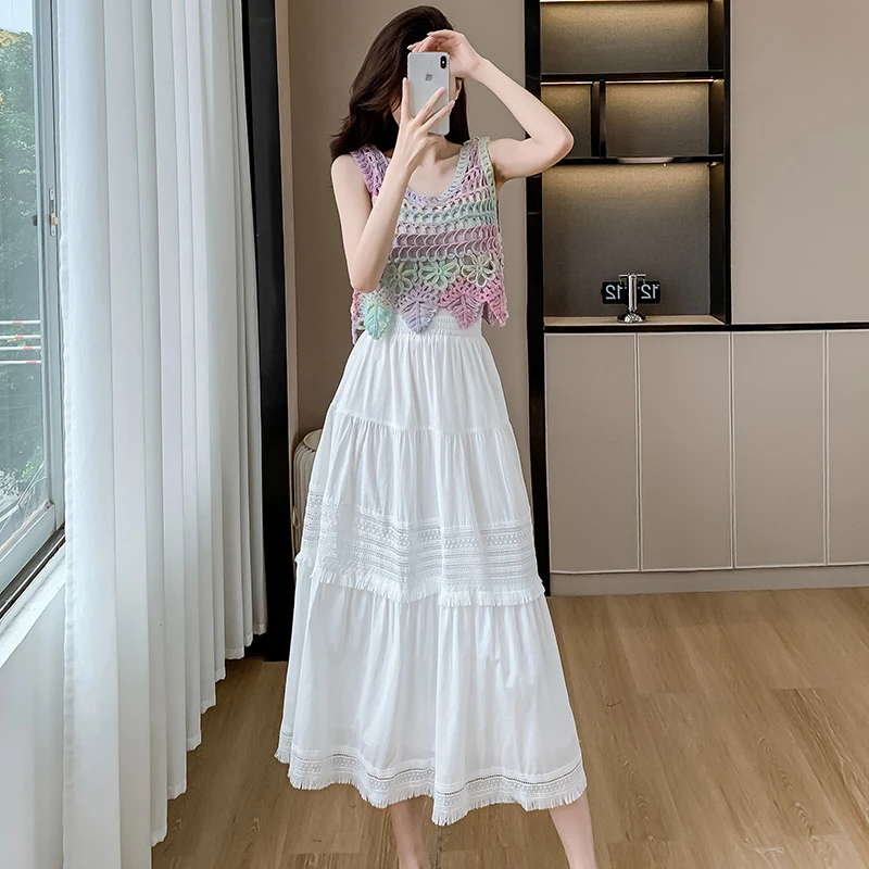 2025年三件套无袖小吊带百搭背心女夏海边度假外穿设计感时尚套装