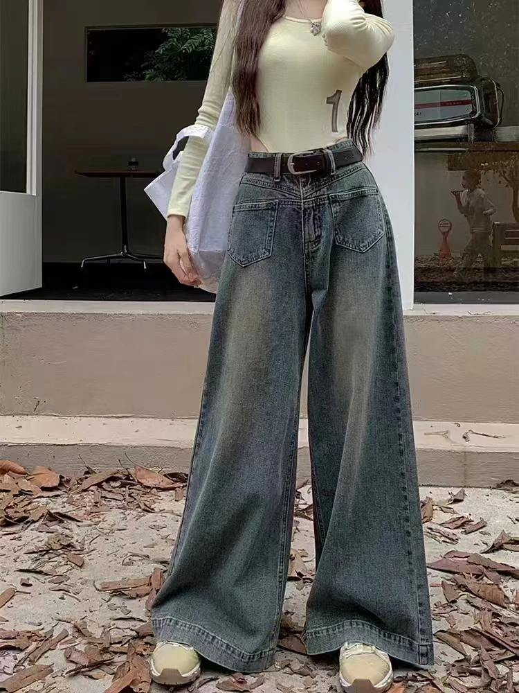 复古水洗阔腿牛仔裤女美式长裤辣妹大码秋冬做旧阔腿宽松拖地裤