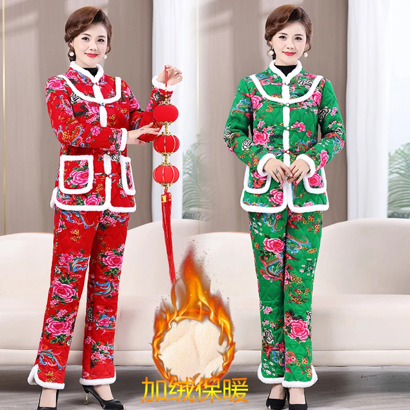 唐装棉衣女今年爆款年轻妈妈冬装加绒保暖花棉袄棉裤两件套国潮风