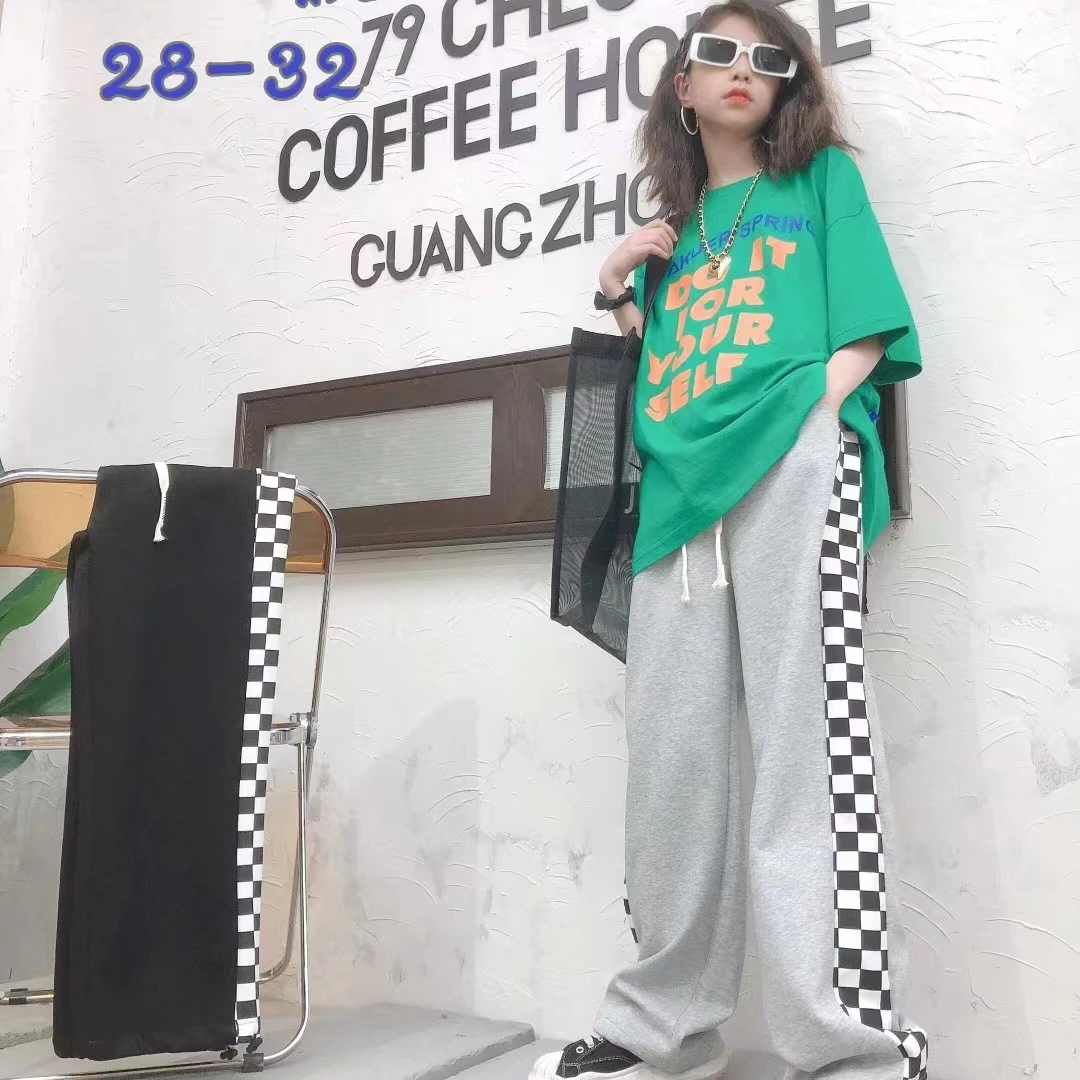 潮流棋盘格男女孩休闲卫裤百搭