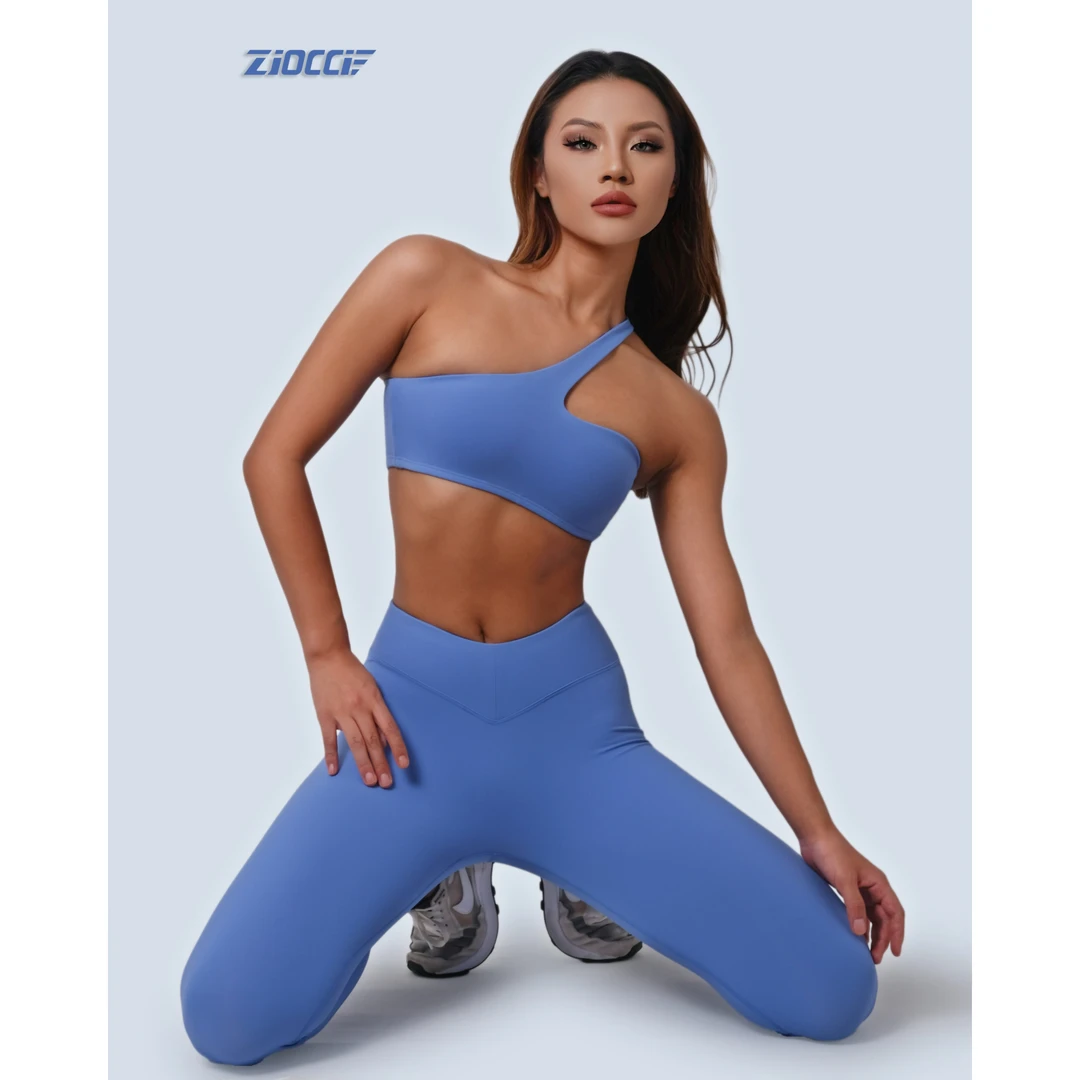 Zioccie 欧美时尚裸感单肩带运动文胸背心瑜伽V型腰长裤健身套装